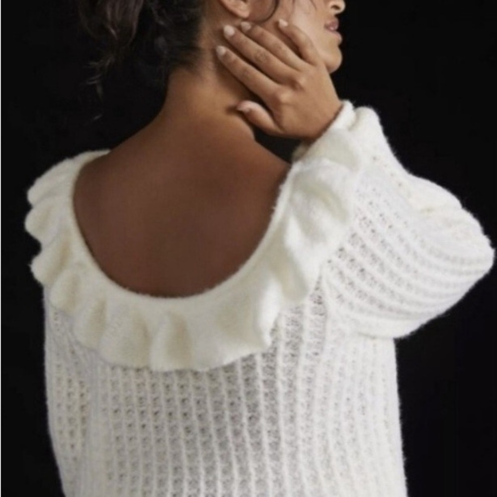 Anthropologie NWT Elegant White Ruffled Boatneck Women's Sweater - Picture 2 of 6